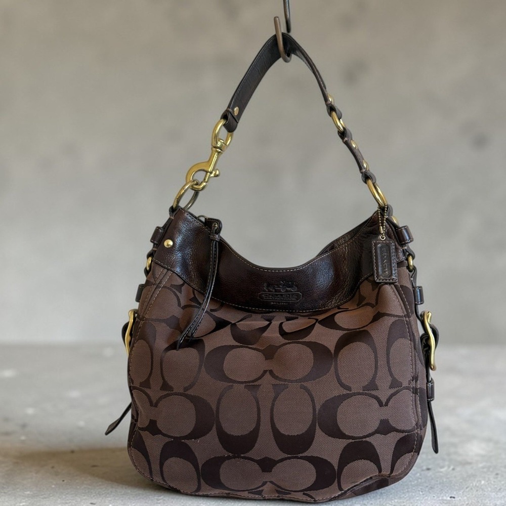 Y2K Coach Zoe Signature Brown Canvas Leather Hobo Shoulder Bag 12674  Brass - Picture 4 of 10